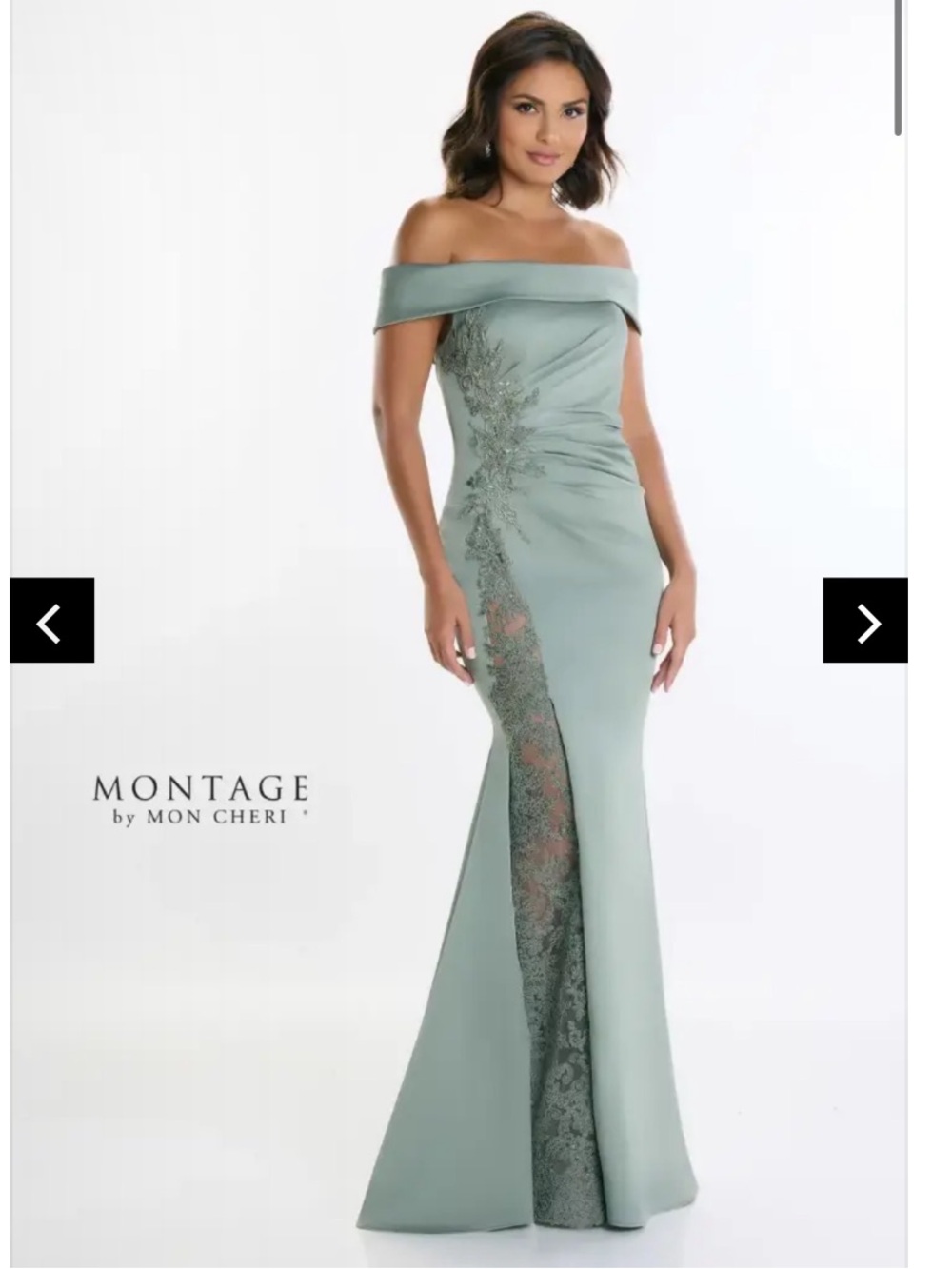 🤍✨NWT MOB Elegant Montage Mon Cheri Sage  mOff Shoulder LacePanel Evening Gown.